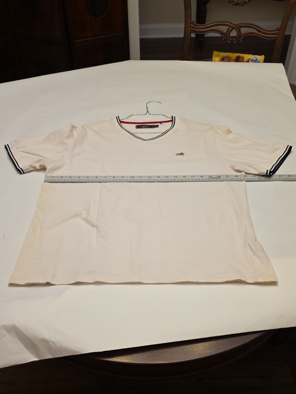 Akoo Cream Tee with Red Neck Trim and Purple Label